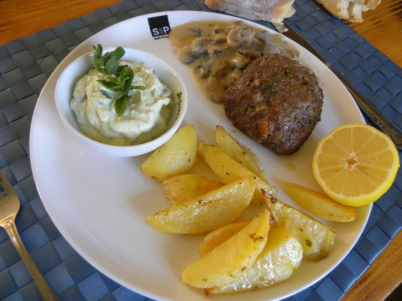 Feta-Stuffed Mpiftekia (Greek Burgers) with Baked Potatoes