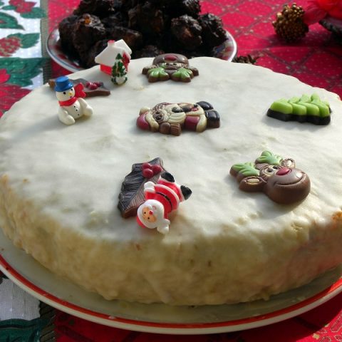 Christmas Cake with chocolate ornaments photo