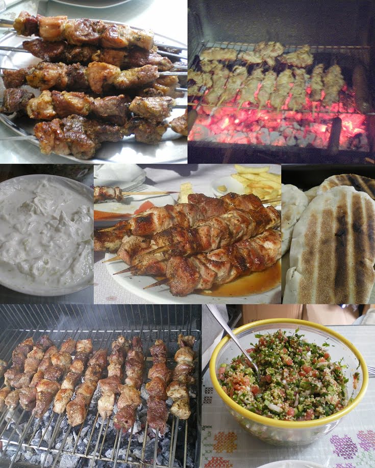 Collage grilling pork and lamb souvlakia picture