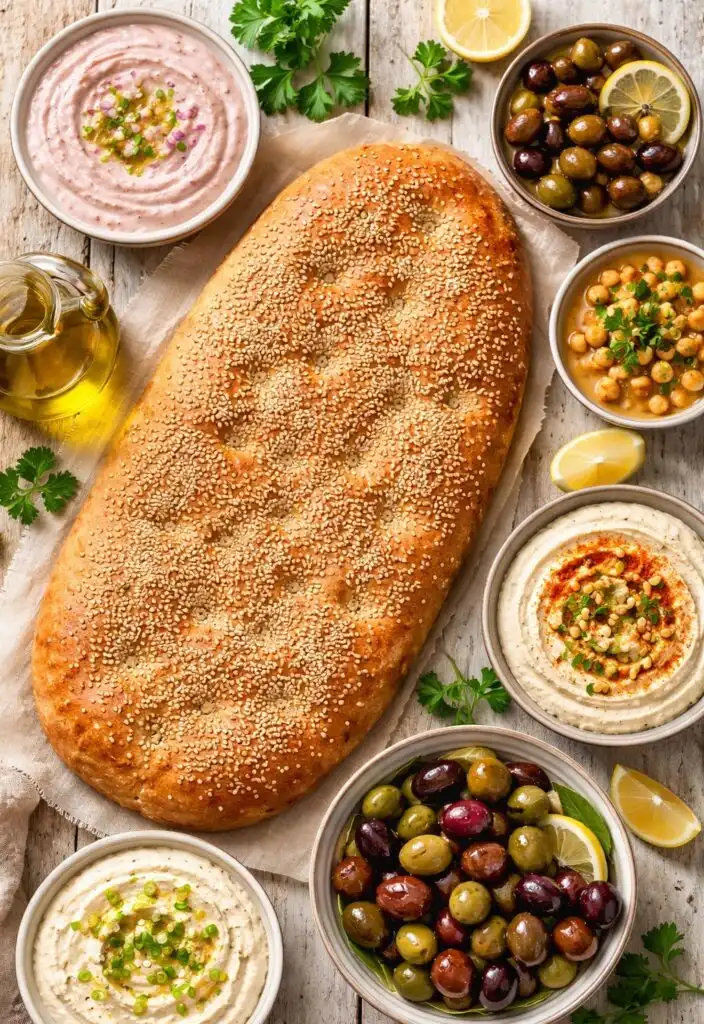 A Lagana flatbread with Lenten dips and olives image