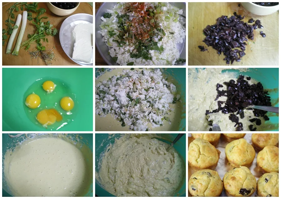 Collage preparing Kalamata olive and feta muffins image