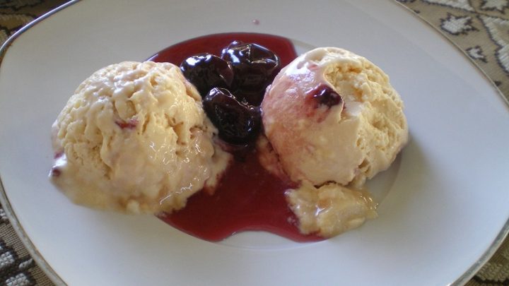 ce cream with cherries photo