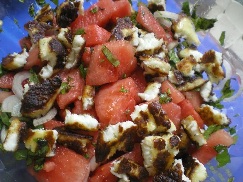 watermelon salad with baked halloumi image