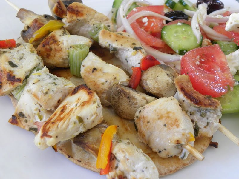 Chicken Souvlakia and a salad