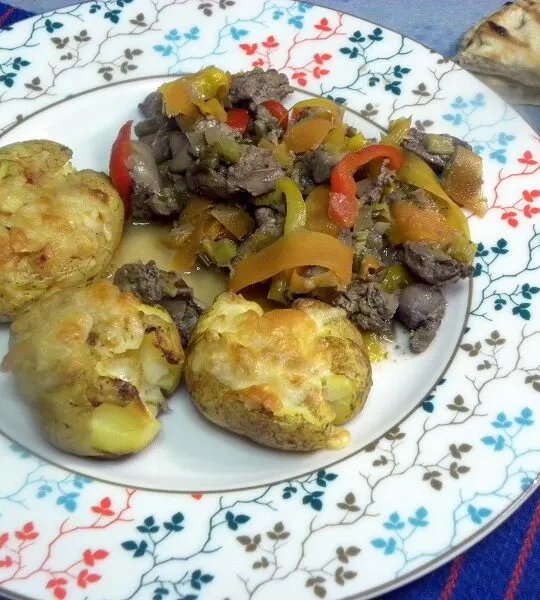 Braised Chicken Livers with Vegetables and Poached Grapes
