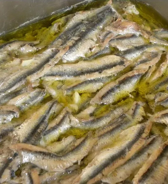 Gavros Ladorigani (Baked anchovies with Oregano) and Potato Salad