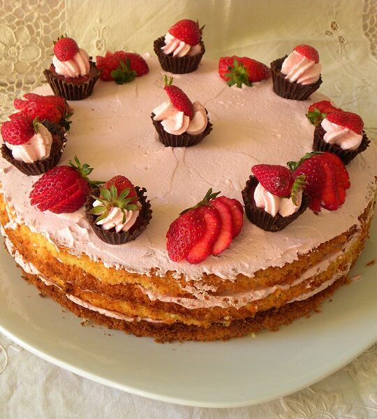 Strawberry Mousse Cake with Chocolate Cupcake Decoration
