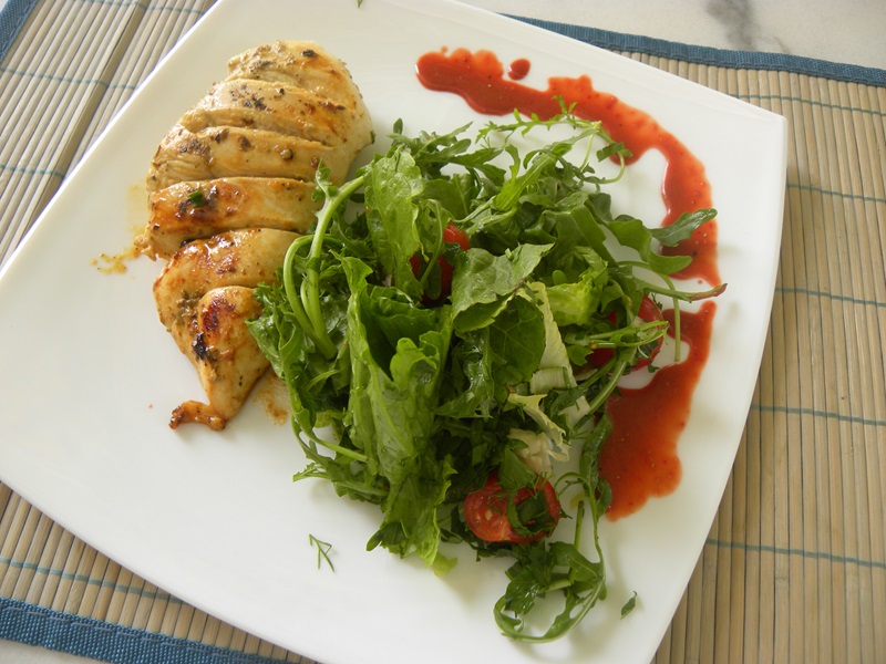 Rocket Salad with Strawberries vinaigrette and chicken image