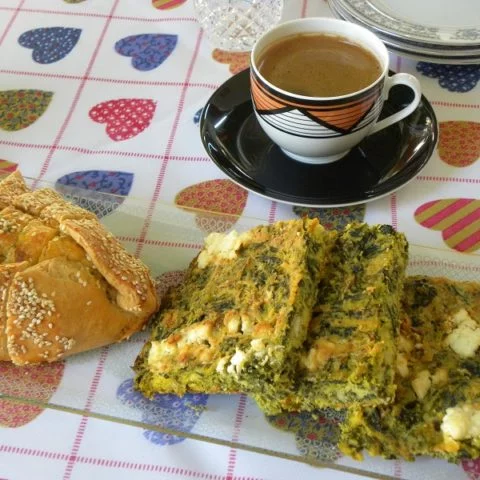 Coffee and Flaouna Tyropita and Spanakopita Plastos image