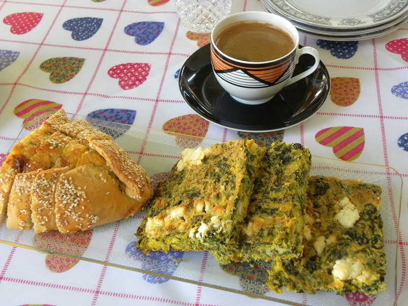 Coffee and Flaouna Tyropita and Spanakopita Plastos image