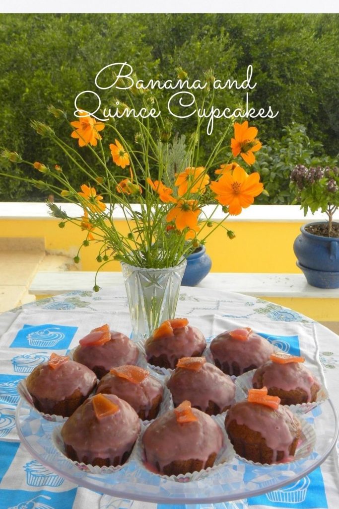 Banana Quince cupcakes on a cake stand image