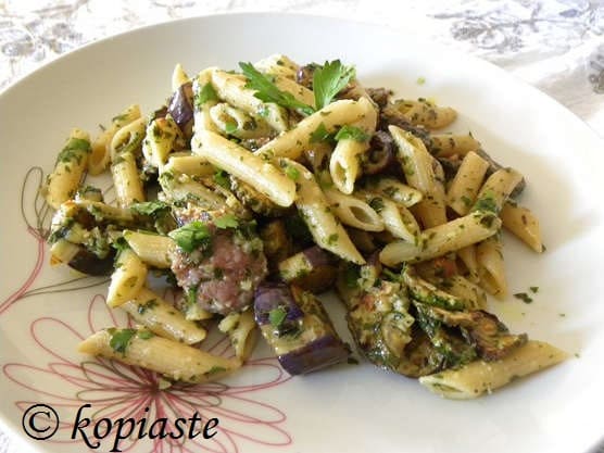 whole wheat pasta with sausage courgettes and eggplants