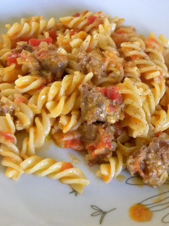 Sausages in Tomato, Leek and Feta Sauce with Fusilli