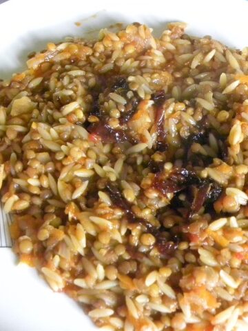 Brown Lentils with Carrots, Orzo and Caramelized Onions