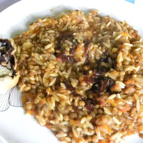 Brown Lentils with Carrots, Orzo and Caramelized Onions