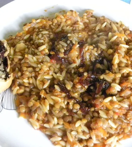 Brown Lentils with Carrots, Orzo and Caramelized Onions