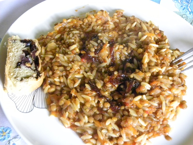 Brown Lentils with Carrots, Orzo and Caramelized Onions