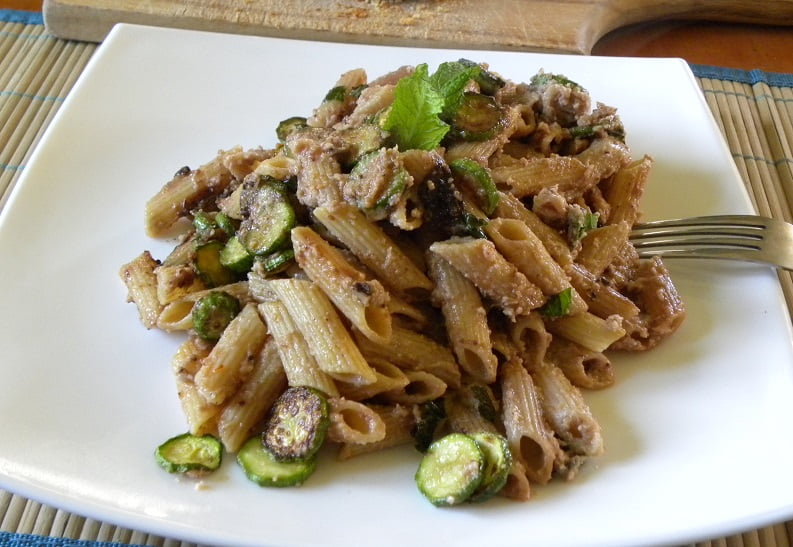 Penne Skordalia with Courgettes and Olives