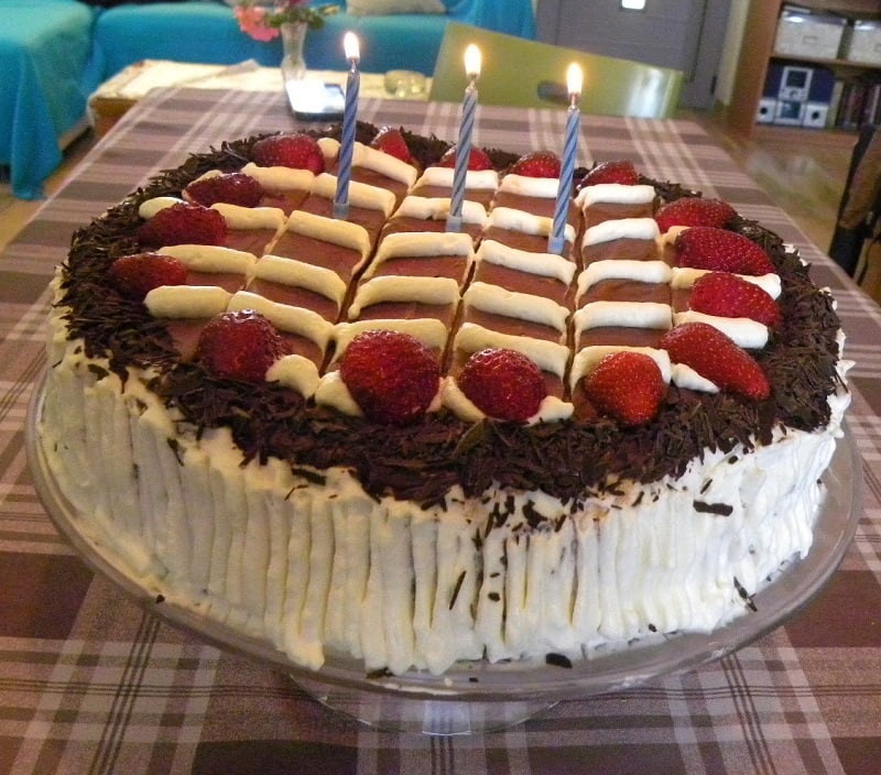 Birthday Cake with Strawberry Cream Cheese and Chocolate Glaze
