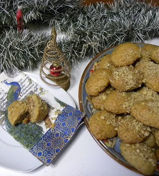 Stuffed Melomakarona with White Chocolate, Walnuts and Raspberry Jam