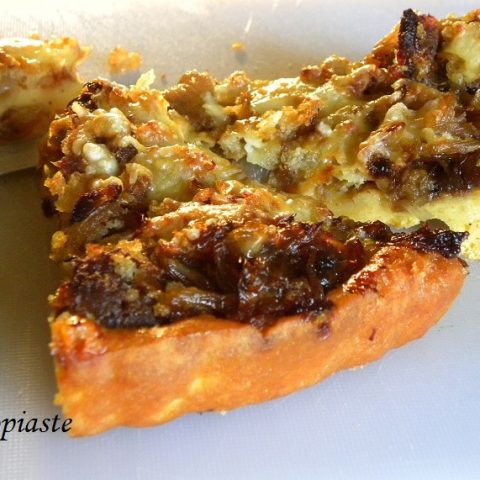 Sausage and Onion Tart with easy Corn Meal Crust