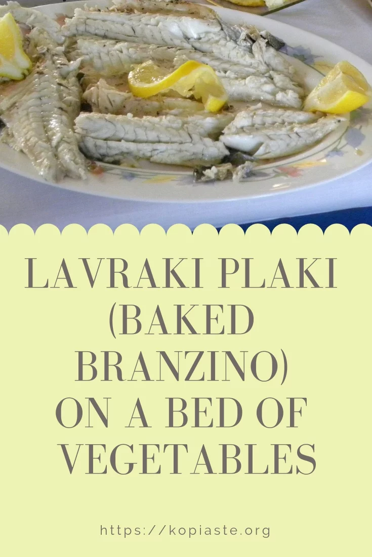 Collage Lavraki plaki (sea bass) on a bed of vegetables image
