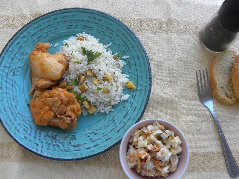 Chicken stew with rice pilaf and salad image