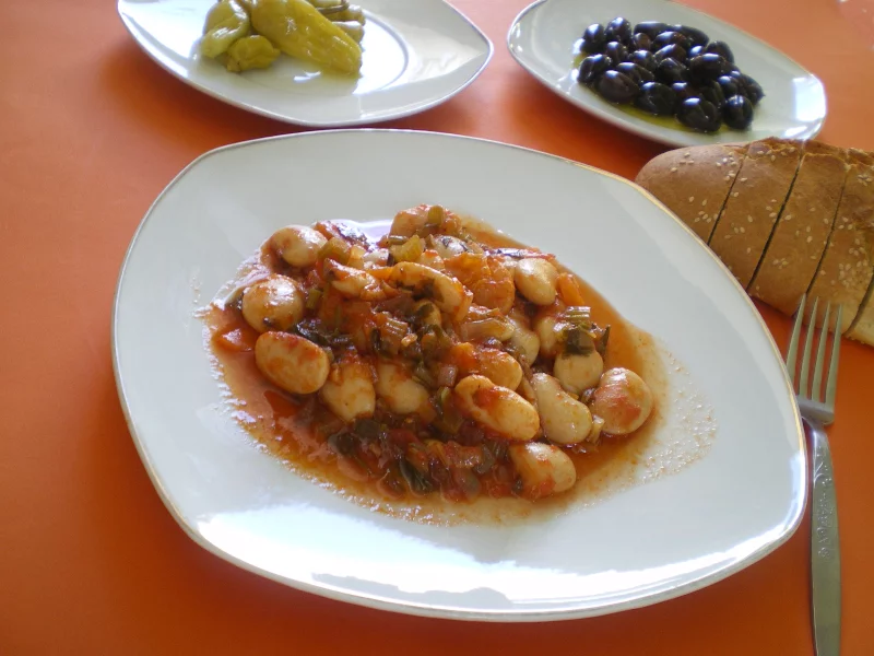 Gigantes with olives and pickled peppers photo