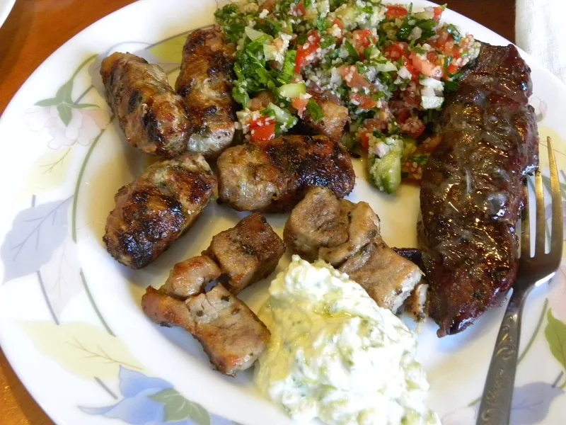 Grilled Liver, souvlaki and sheftalia with tzatziki and tabbouleh image