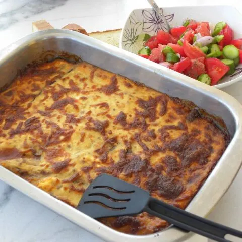 Baked vegetarian moussakas with salad image