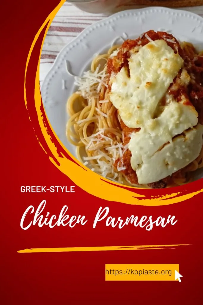 Collage Greek-style chicken Parmesan with spaghetti image