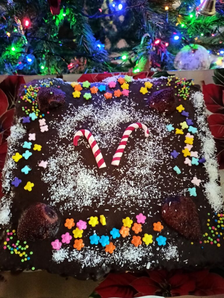Chocolate Banana Dessert in front of Christmas tree image