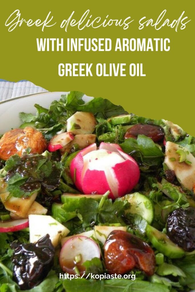 Collage Greek delicious salads with infused aromatic olive oil image