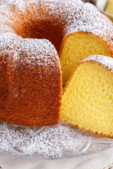 Pound cake with a cut slice image