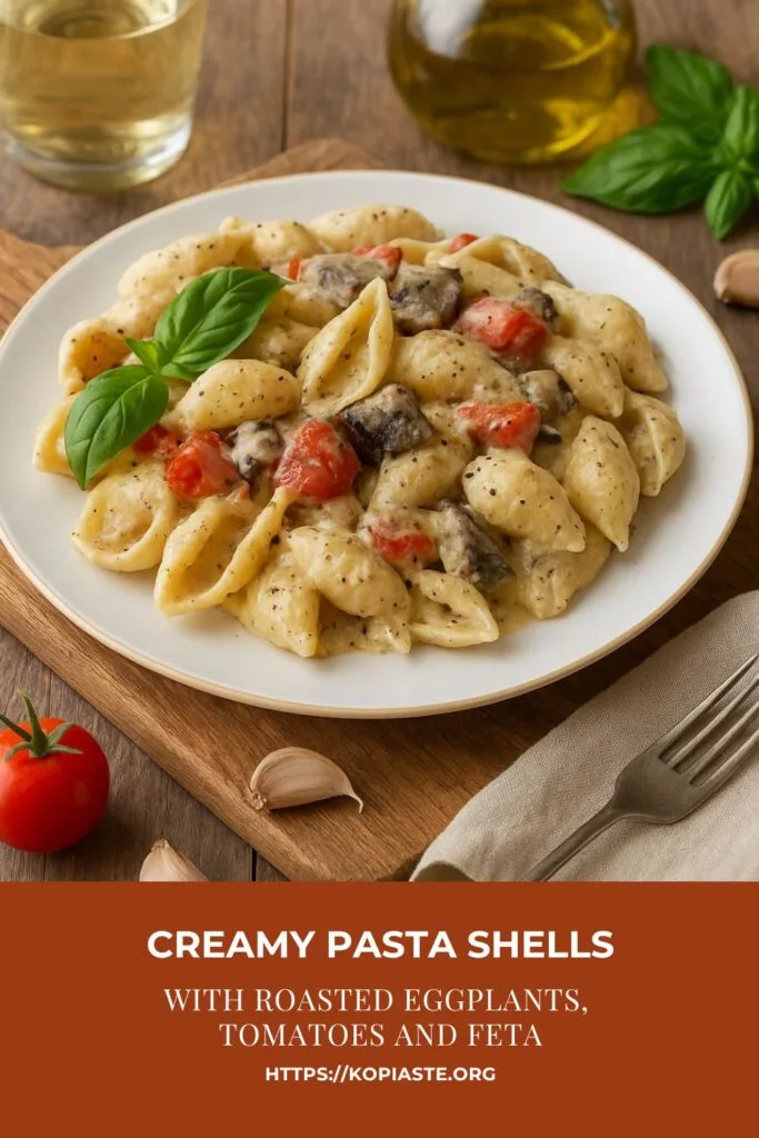 Collage Creamy Pasta Shells, with Roasted eggplants, tomatyoes and garlic image