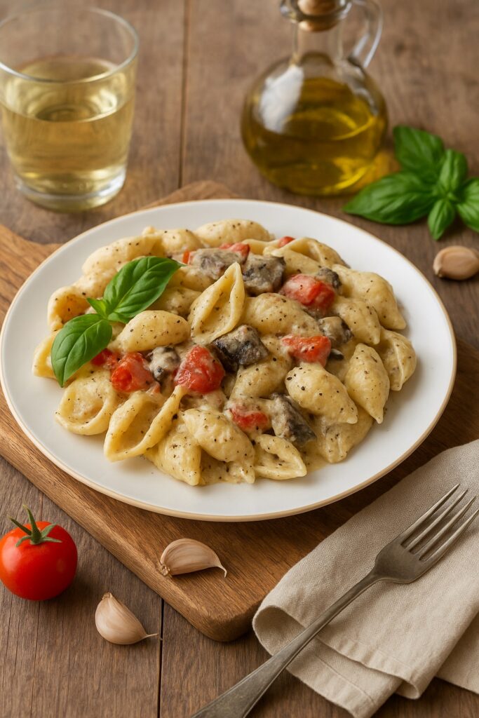 Creamy Pasta Shells, with Roasted eggplants, tomatyoes and garlic image