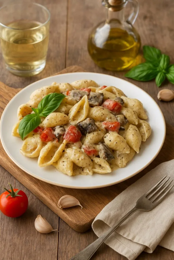 Creamy Pasta Shells, with Roasted eggplants, tomatyoes and garlic image