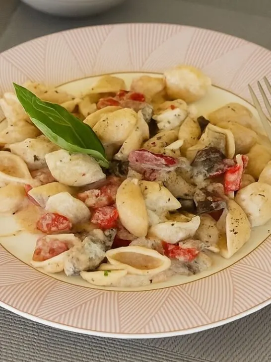 Creamy Pasta Shells with Roasted Eggplants, Tomatoes and Feta