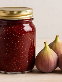 Spicy fig jam in a jar with three figs image