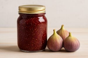 Spicy fig jam in a jar with three figs image