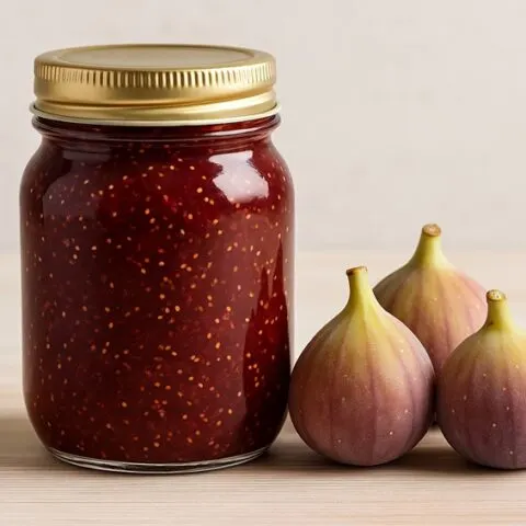 Spicy fig jam in a jar with three figs image