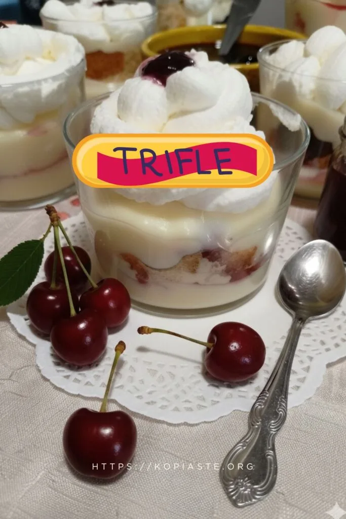 Collage Trifle in a glass with fresh sour cherries image