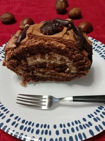 Chestnut and Chocolate Roulade cut and served image