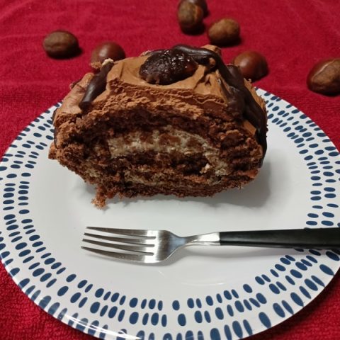 Chestnut and Chocolate Roulade cut and served image