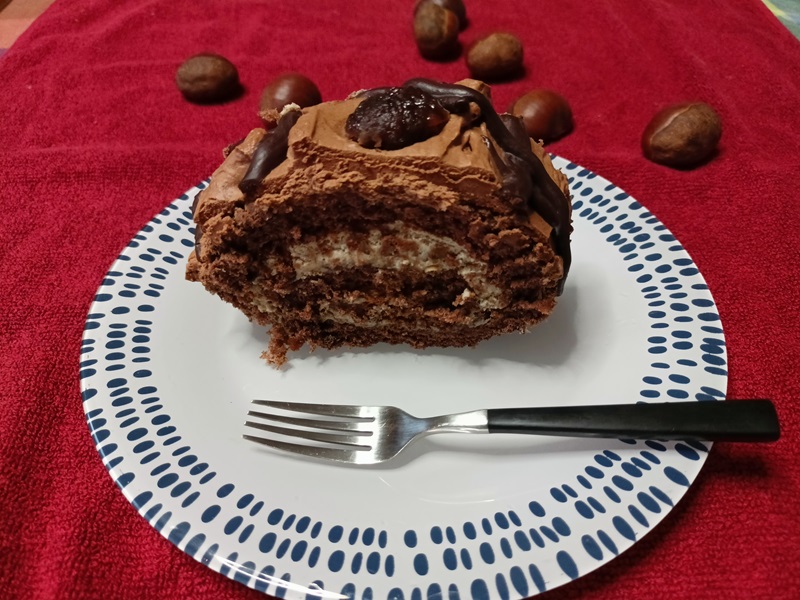 Chestnut and Chocolate Roulade cut and served image