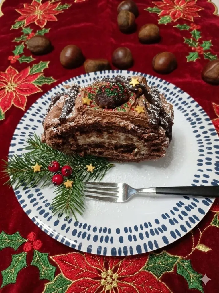 Christmas chocolate and chestnut roulade cut image