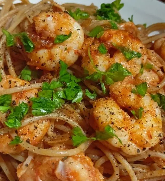 Garidomakaronada With Ouzo And Whole Wheat Spaghetti