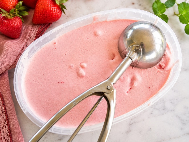 strawberry ice cream in a freezer suitable bowl image
